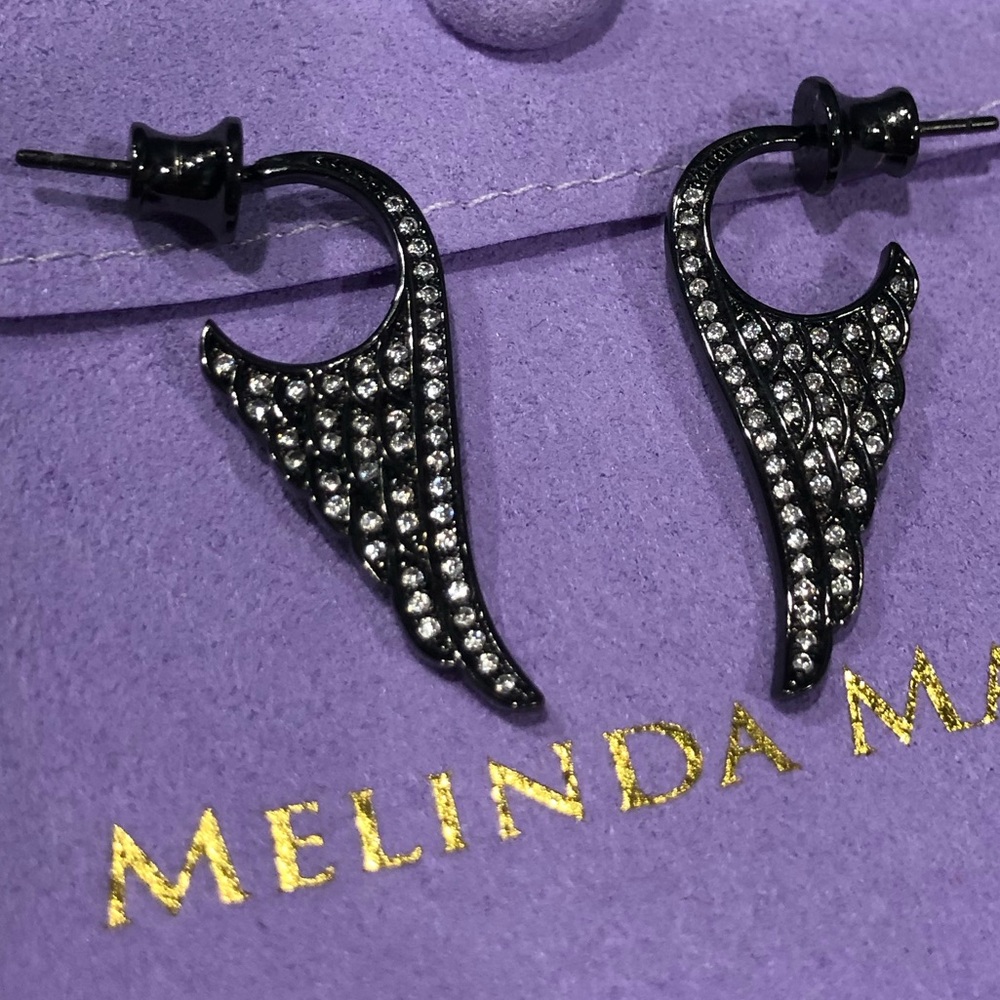 Melinda Maria Gunmetal Wing Hoop Earrings with Crystal Accents
